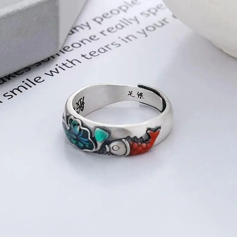 

Old matte craftsmanship, drop glue, colored glaze, lotus flower, koi fish ring, retro ethnic style, new product