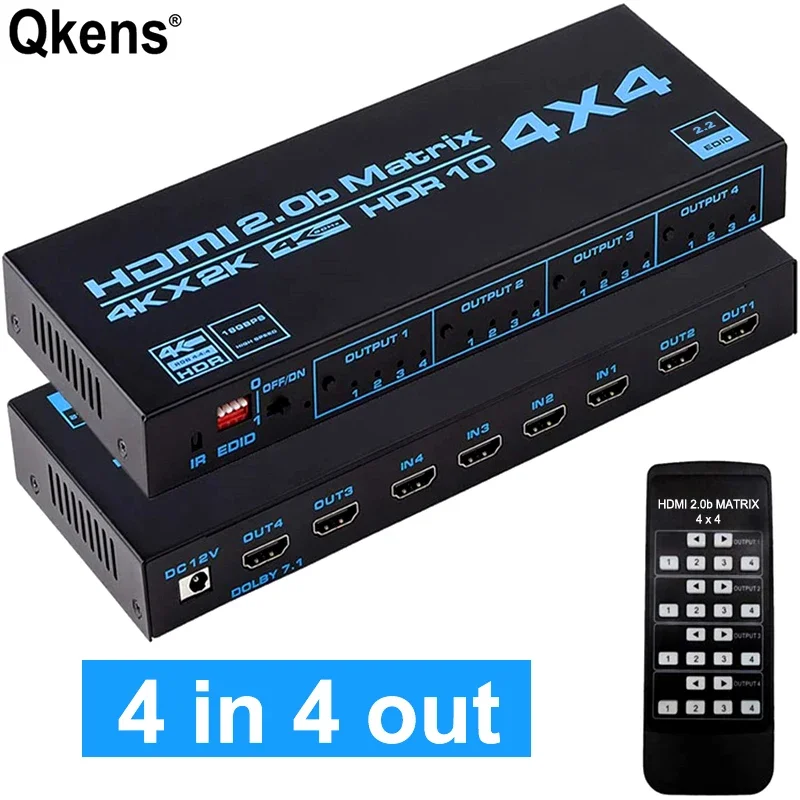 

4K 4x4 HDMI Matrix HDR 10 4 Port Input Output Switch Splitter Video Converter with IR Remote EDID 4K@60Hz HDMI2.0 HDCP 2.2 1080p