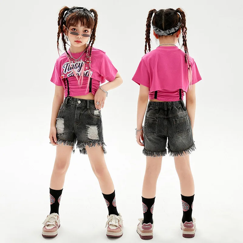 

Kid Hip Hop Clothing Rose Ruched Crop Top T Shirt Black Summer Ripped Distressed Denim Shorts for Girl Dance Costume Clothes