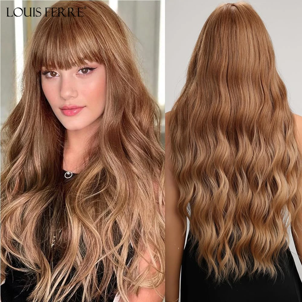 

Long Honey Blonde Brown Wigs for Women 26in with Bangs Curly Wavy Wig Natural Looking Synthetic Heat Resistant Fiber Wig
