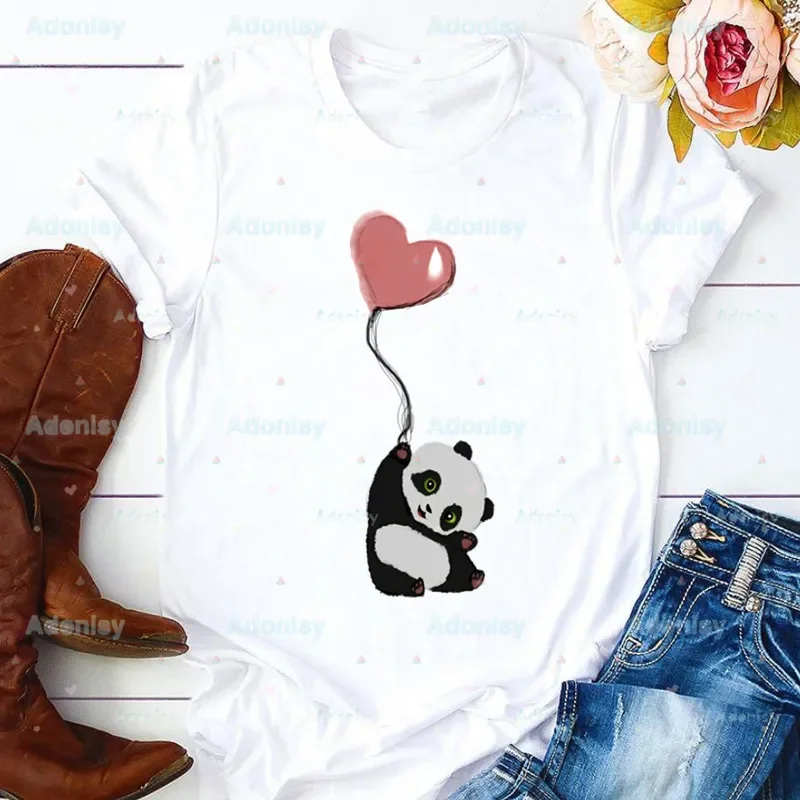 

Футболка женская с круглым вырезом, стильная повседневная рубашка с принтом панды, животного из мультфильма, милый топ в стиле Харадзюку, Прямая поставка, на лето