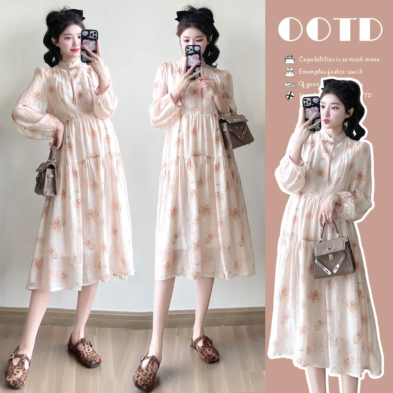 2025 Spring Autumn Maternity Floral Dress Ruffled Stand Collar Long Sleeve Pregnancy Chiffon Dress Sweet Fashion Pleated Shirts 4 Sb12d17f4011b4b479c68646856e4844b8