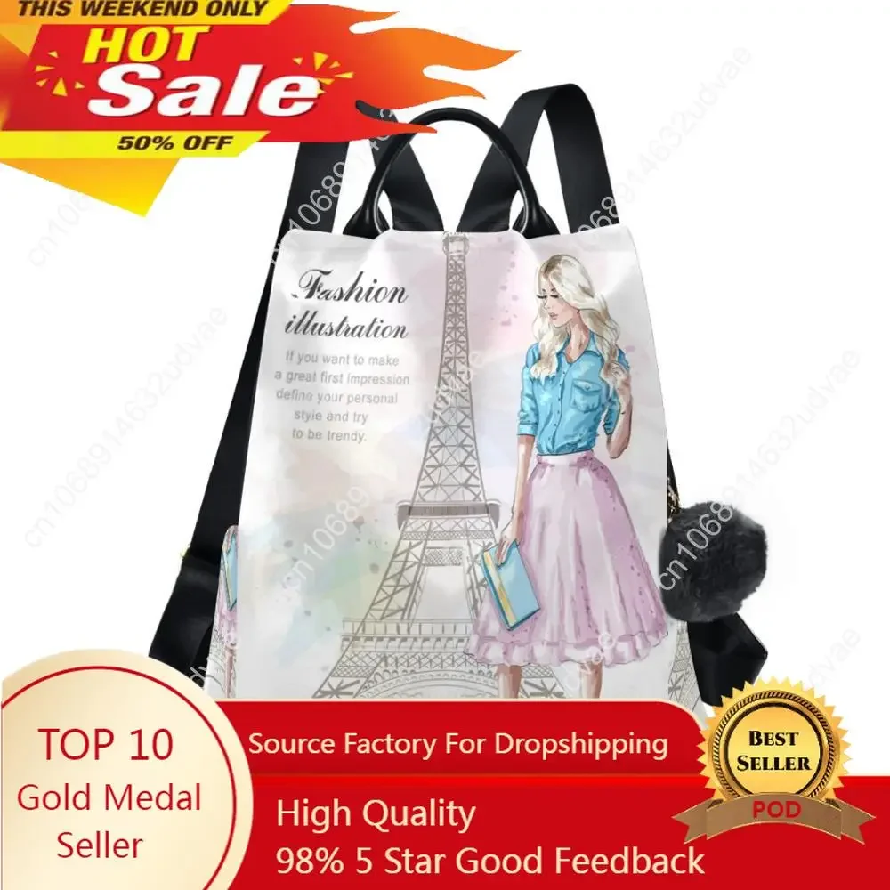 

Waterproof Casual Women Backpack Purse Anti-theft Rucksack Mochila Eiffel Tower Printed School Shoulder Bag For Teenagers Girls