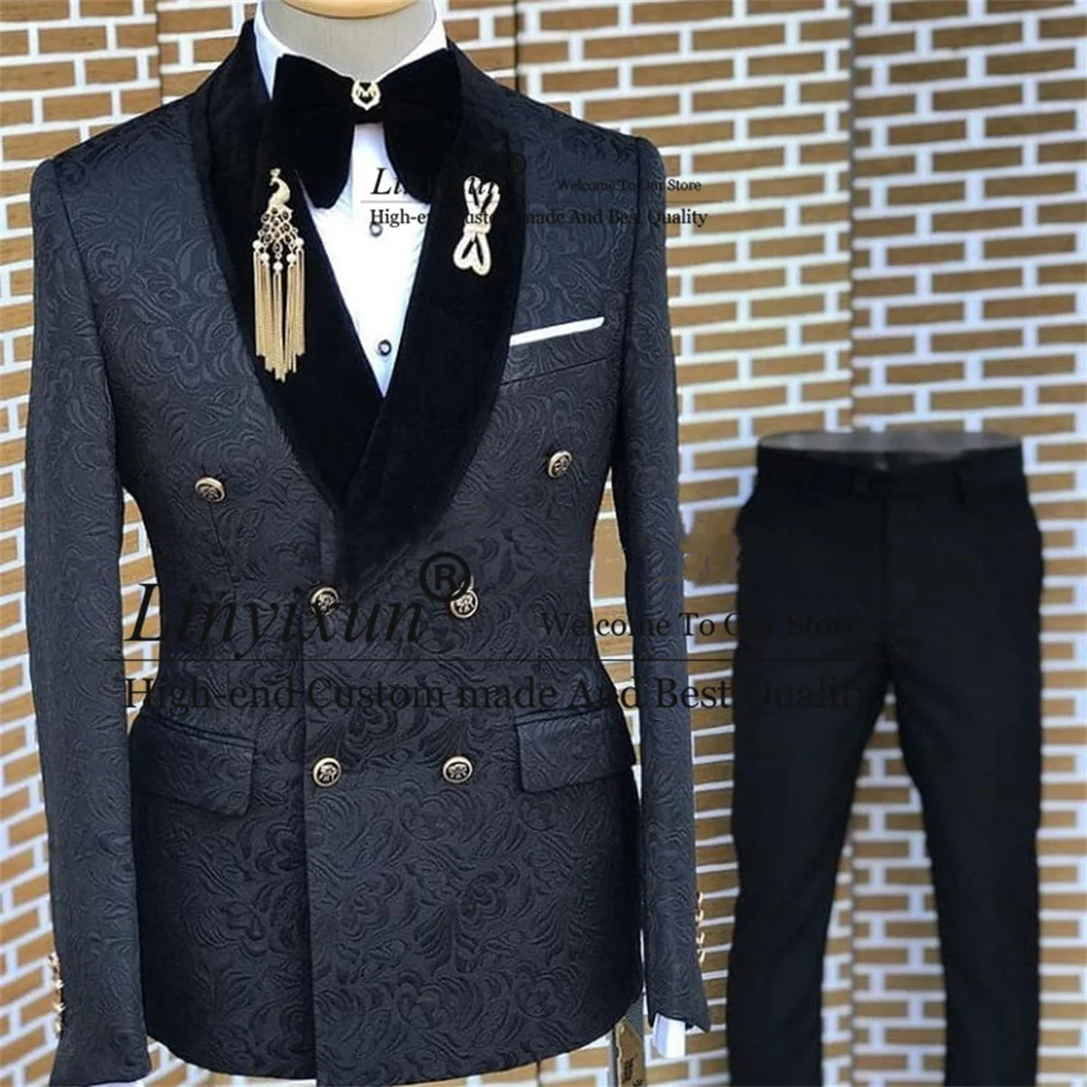 

Nave Blue Jacquard Men Suits For Wedding Double Breasted Groom Tuxedos 2 Pieces Set Groomsmen Prom Blazer Slim Fit Costume Homme