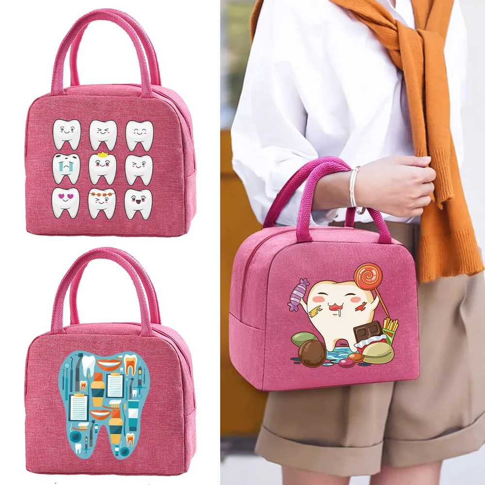 

School Food Storage Bags Portable Lunch Bag Teeth Print Thermal Insulated Lunch Tote Cooler Handbag Bento Pouch Dinner Container