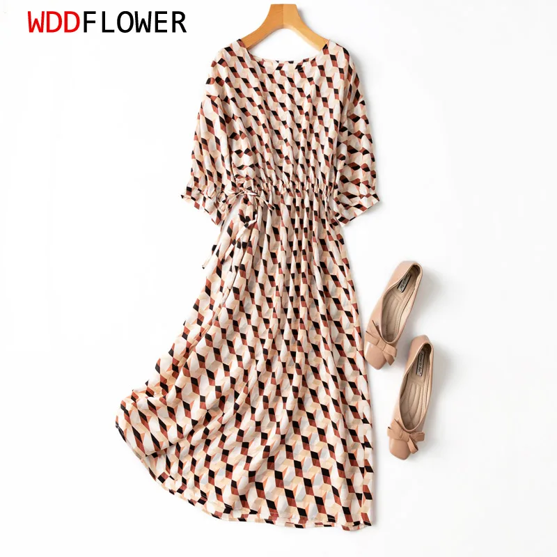 

Women's 100% Natural Mulberry Silk Crepe Silk Beige Checked Printed Dress Belted Waist Crew neck short sleeve Midi Dress MM529