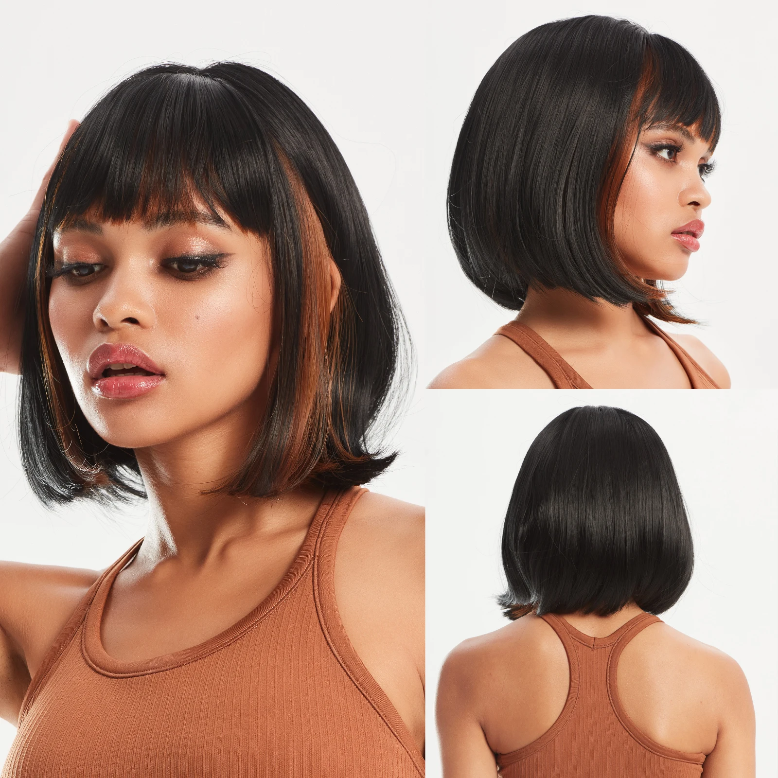 

Short Straight Bob Synthetic Wigs Natural Black Highlight Red Brown Blunt Wig with Bangs for Women Halloween Cosplay Resistant