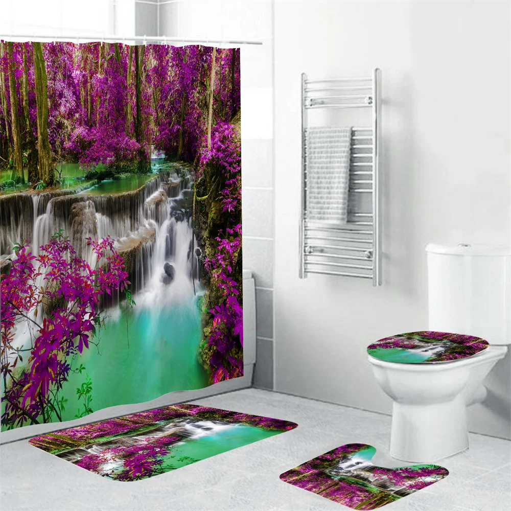 

Tropical Jungle Waterfall Bathroom Set Purple Flowers Rainforest Natural landscape Shower Curtain Floor Toilet Mat Bathrom Decor