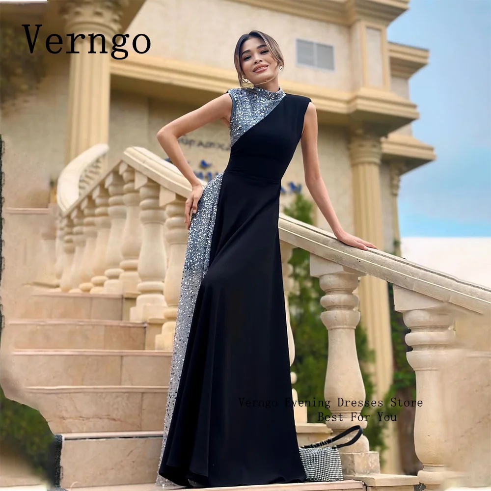 

Verngo Black Velvet Evening Dress For Women High Neck Sleeveless Party Dress Sequined A Line Prm Gowns платье на выпускной