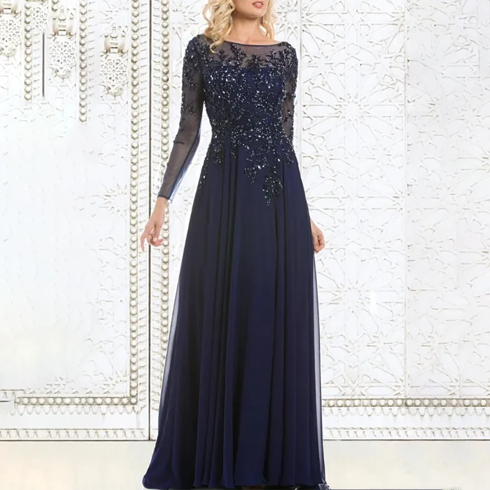 

Top Selling Elegant Navy Blue Mother of The Bride Dresses Chiffon See-Through Long Sleeve Sheer Neck Appliques Sequins Dress