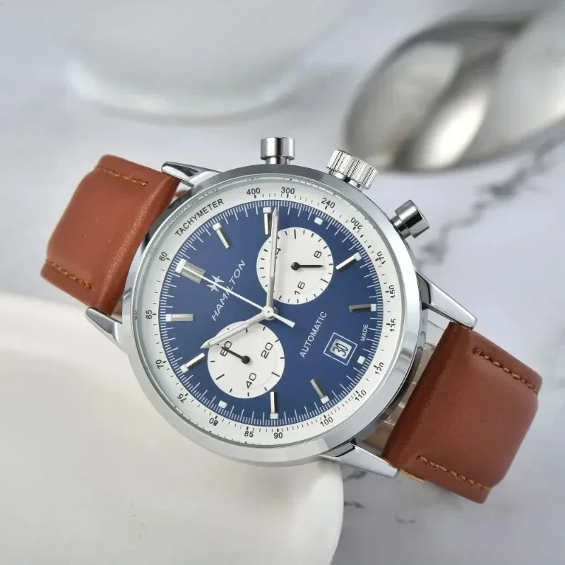 

2024HAMILTON Quartz Watch for Men Top Luxury Leather Strap Chronograph Sport Wristwatch Men Business Luminous Fashion Male Clock