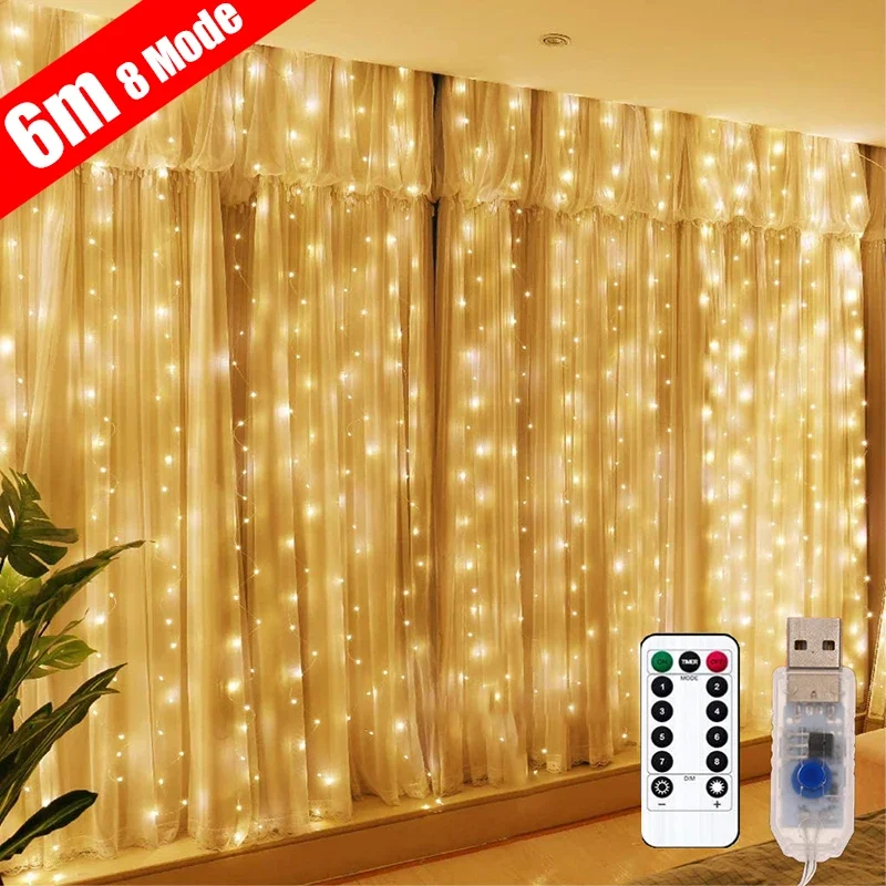 

3x3m/6x3m LED Garland Curtain Light 8 Modes Remote Control USB Fairy String Lights for Home Room Christmas Wedding Decorations