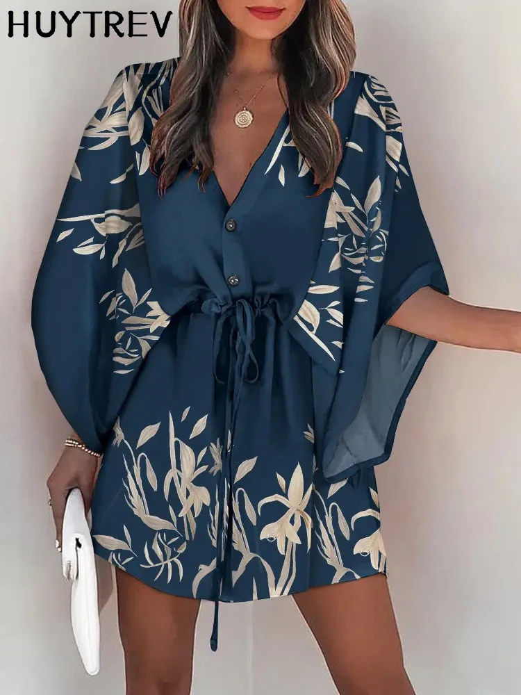 

Casual Boho Beach Vacation Mini Dress Women Summer Print Lace Up Button Batwing Sleeve Dresses For Women's Loose Female Robe