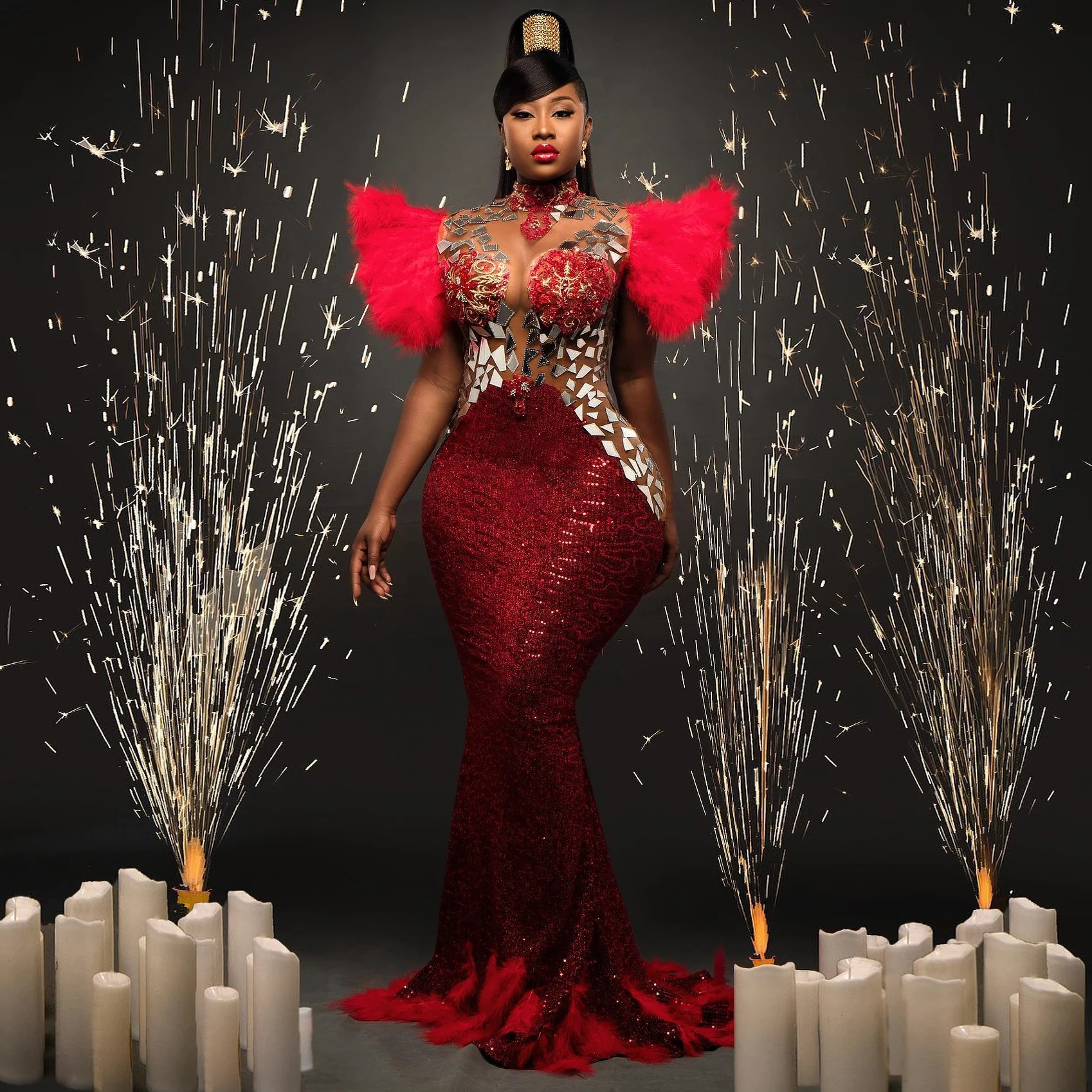 Sexy Prom Dress Red Sequined Crystal Beading Feathers Short Sleeve High Neck Floor Length Illusion Women Formal Vestidos 2023
Sexy Prom Dress Red Sequined Crystal Beading Feathers Short Sleeve High Neck Floor Length Illusion Women Formal Vestidos 2023