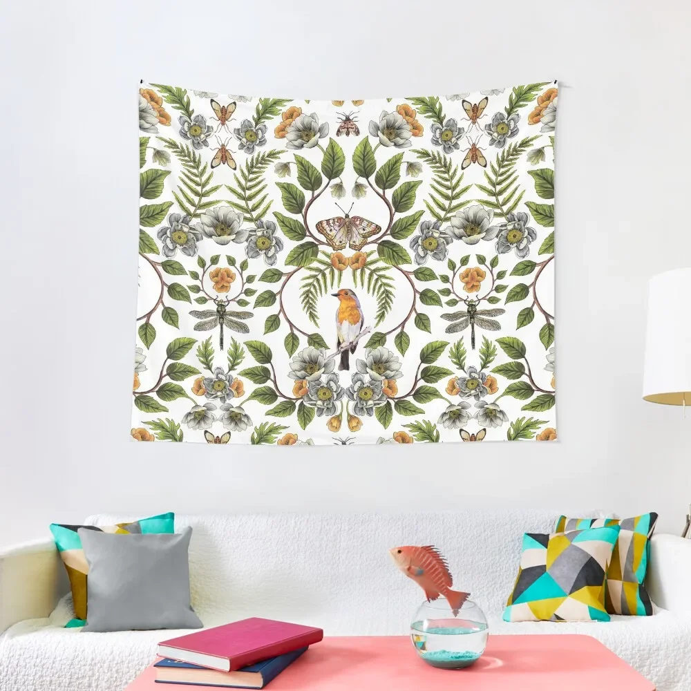 

Spring Reflection - Floral/Botanical Pattern w/ Birds, Moths, Dragonflies & Flowers Tapestry Wall Art Tapestry