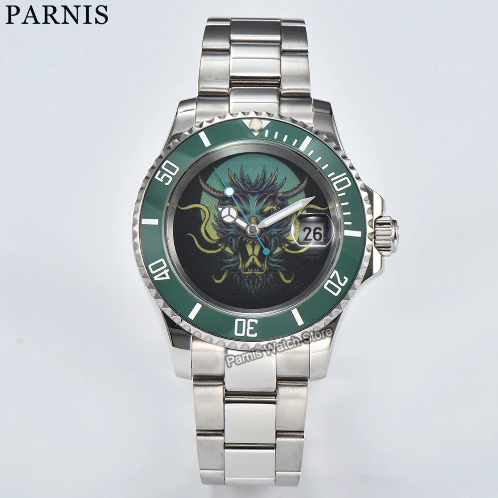 

Механические часы Parnis 40 мм, Japan Miyota8215, автоматические мужские часы с вращающейся керамической рамкой и зеленым циферблатом, индивидуальный рисунок