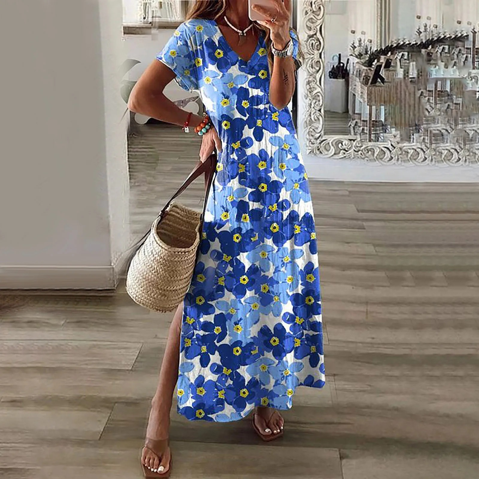 Women Boho Dress with Floral Pattern Short Sleeve Smocked Flowy Tiered Party Dress Beach Maxi Dress Female Holiday Sundress
Women Boho Dress with Floral Pattern Short Sleeve Smocked Flowy Tiered Party Dress Beach Maxi Dress Female Holiday Sundress