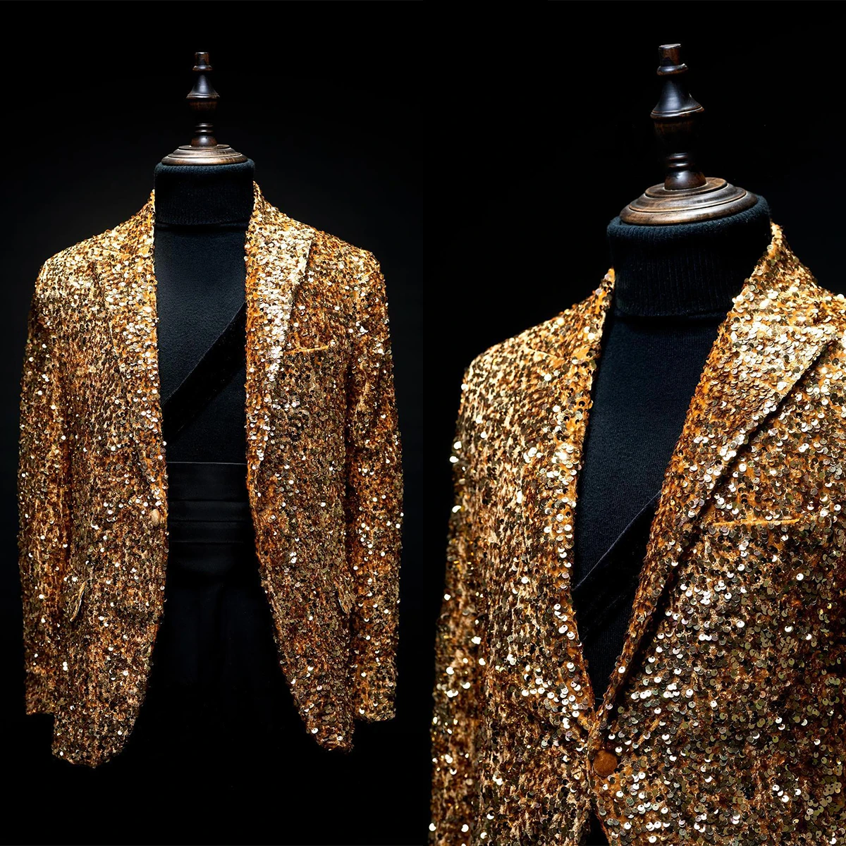 

Golden Shine Wedding Men Suits With Sequin Tailor-Made Groom 2-Pieces Coat And Pant Formal Occasions Party Singer Costume Made