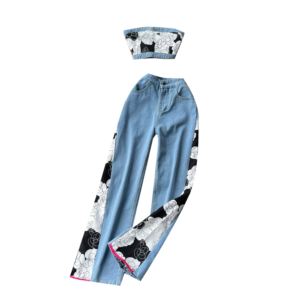 Summer Ladies Sweet Denim Suit One-Shoulder Wrapped Chest Mini Top + High Waist Wide Leg Trousers Sexy Printed Two-piece Set
Summer Ladies Sweet Denim Suit One-Shoulder Wrapped Chest Mini Top + High Waist Wide Leg Trousers Sexy Printed Two-piece Set