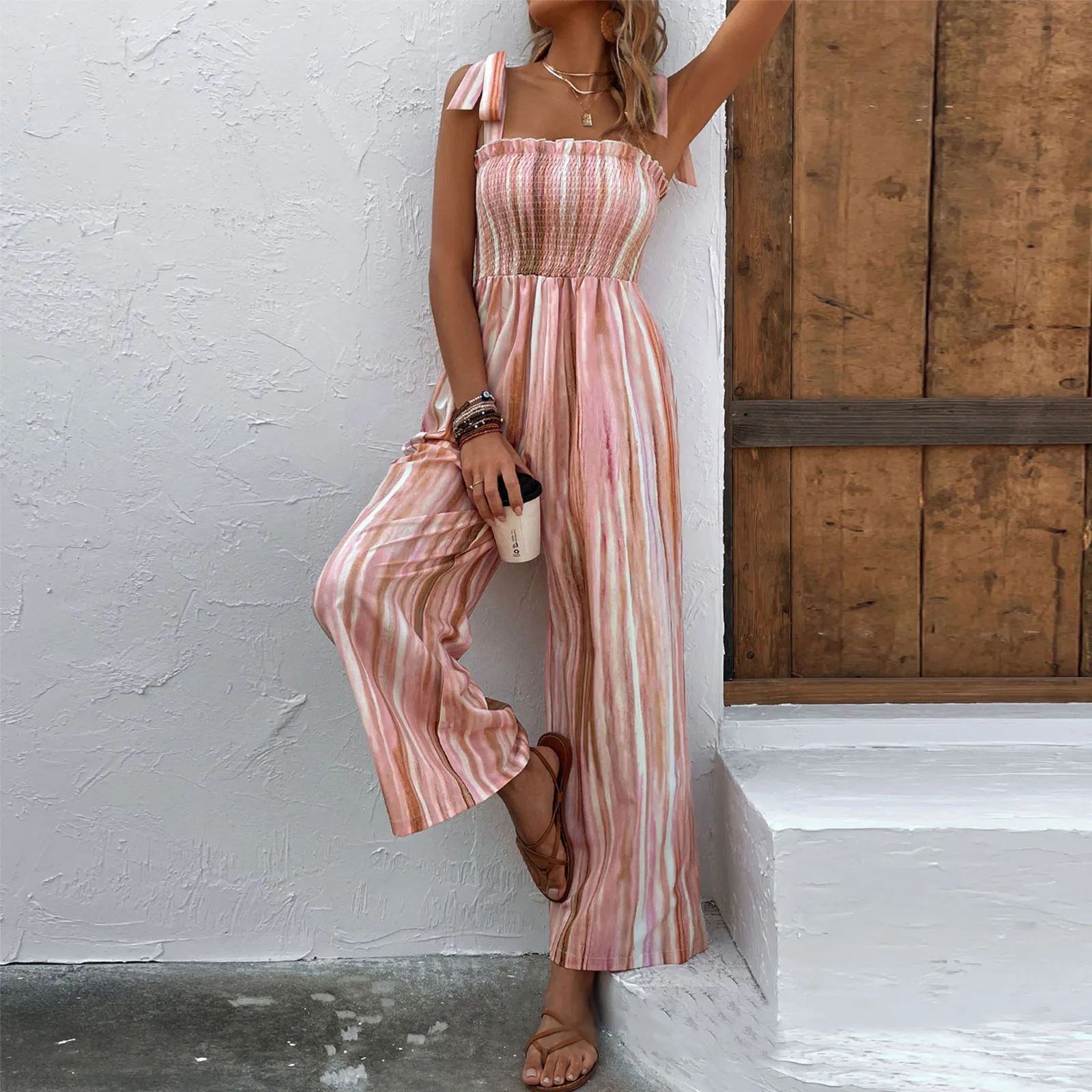 

Striped Summer Rompers For Women Fashion Long Playsuit 2024 Casual High Quality Overalls Women Clothing Wide Leg Playsuits