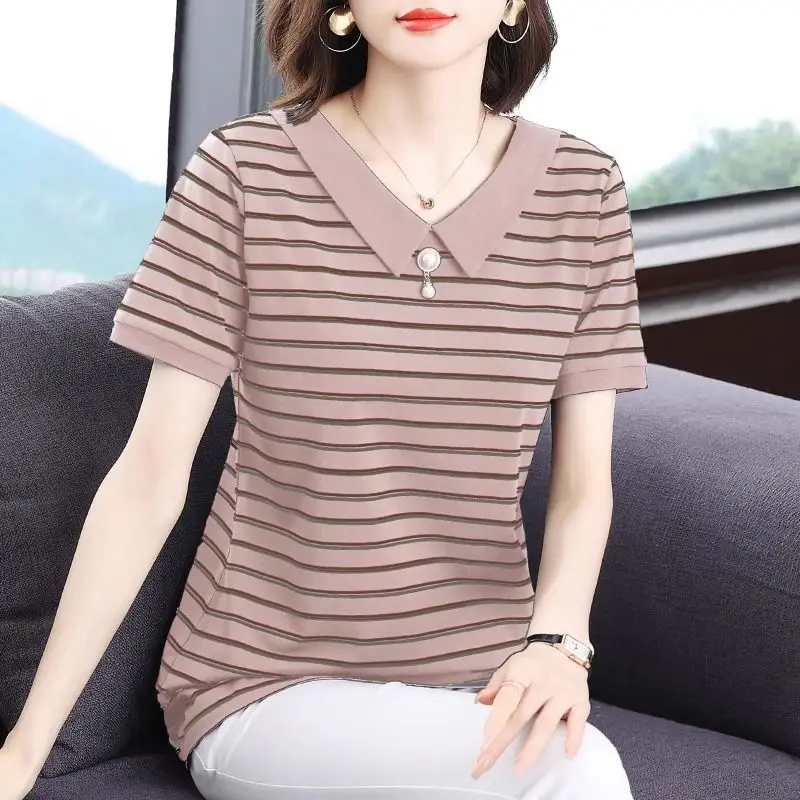 

Summer New Square Collar Fashion Short Sleeve Blouse Women High Street Casual Loose Pullovers Striped Embroidered Flares Tops