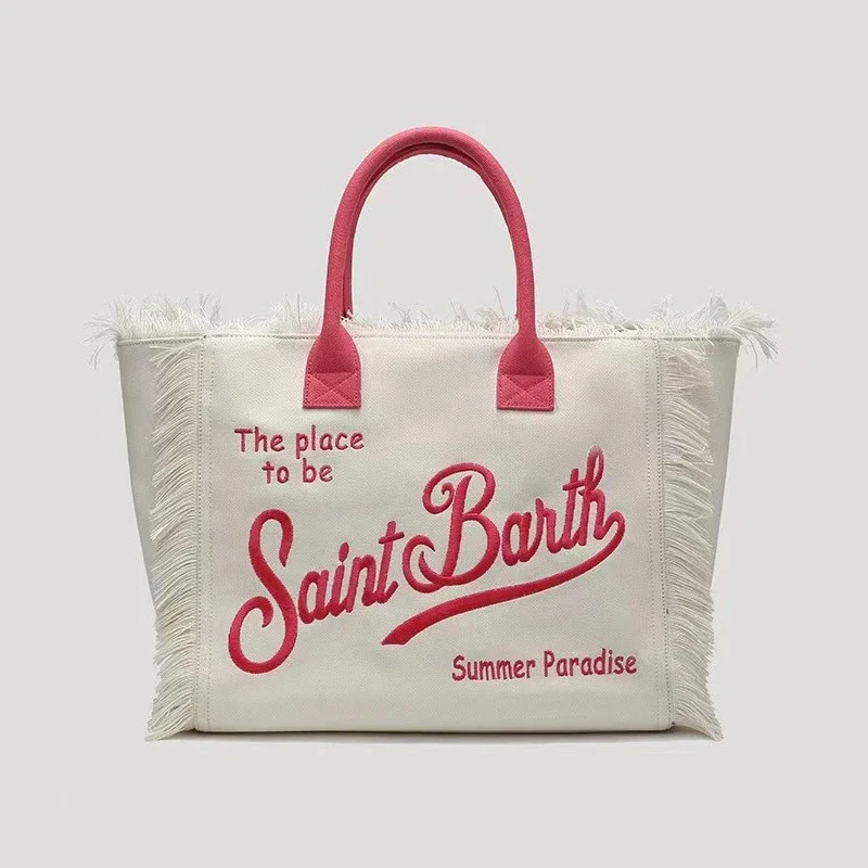 

Summer Leisure Vacation Tassel Design Printed Saint Barth Letter Travel Bag Large Capacity Thick Canvas Handbag