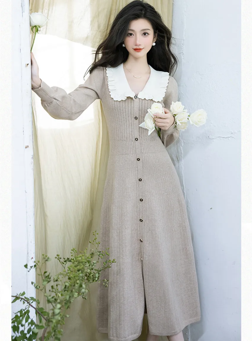 

Женское винтажное трикотажное платье-свитер, элегантное белое однобортное платье-свитер с воротником с отложным воротником и рукавами-фонариками, Осень-зима