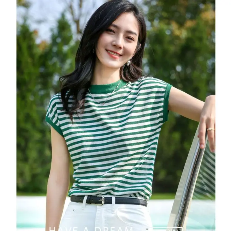 Women 2024 Summer New Casual Striped Short Sleeve T-shirt Female Loose Round Neck Tops Ladies Contrast Color Knit T Shirts B297
Women 2024 Summer New Casual Striped Short Sleeve T-shirt Female Loose Round Neck Tops Ladies Contrast Color Knit T Shirts B297