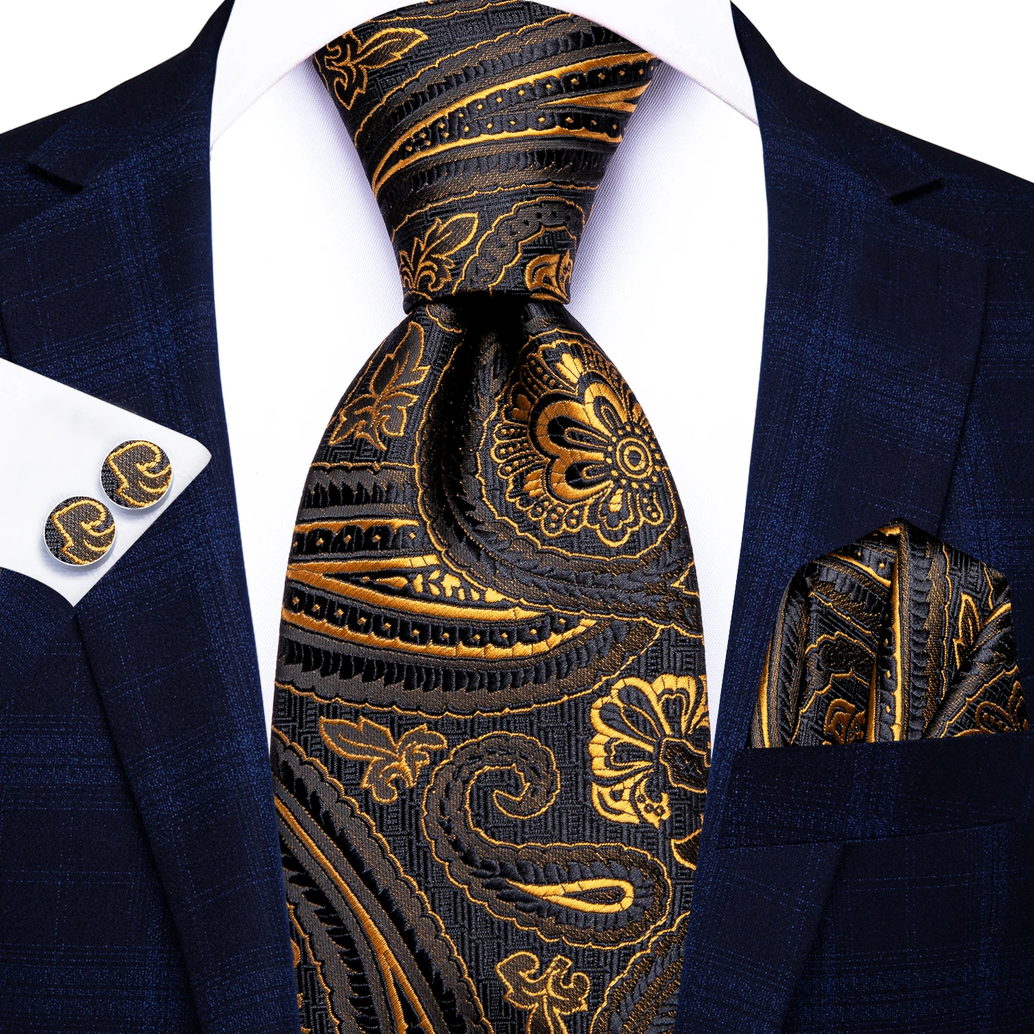 

Привет-Галстук Пейсли черный золотой мужской модный платок запонки для Аксессуары для смокинга Классический шелковый роскошный галстук для мужчин подарок
