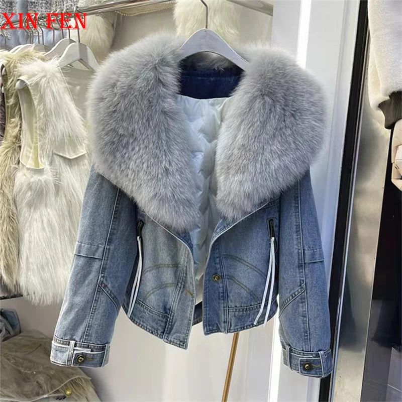 

2023 Hot Sales New Fashion Denim Goose Down Big White Fox Fur Collar Detachable Goose Down Filling Lnner Lining High End Jacket