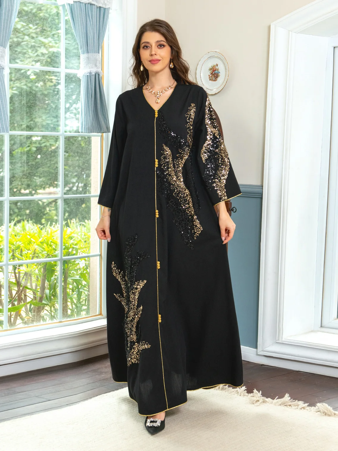 

Muslim Eid Long Dress Embroidery Ramadan Abaya Sequnis Dubai Arabic Turkey Islam Kaftans Women Robes Party Musulmane Caftan
