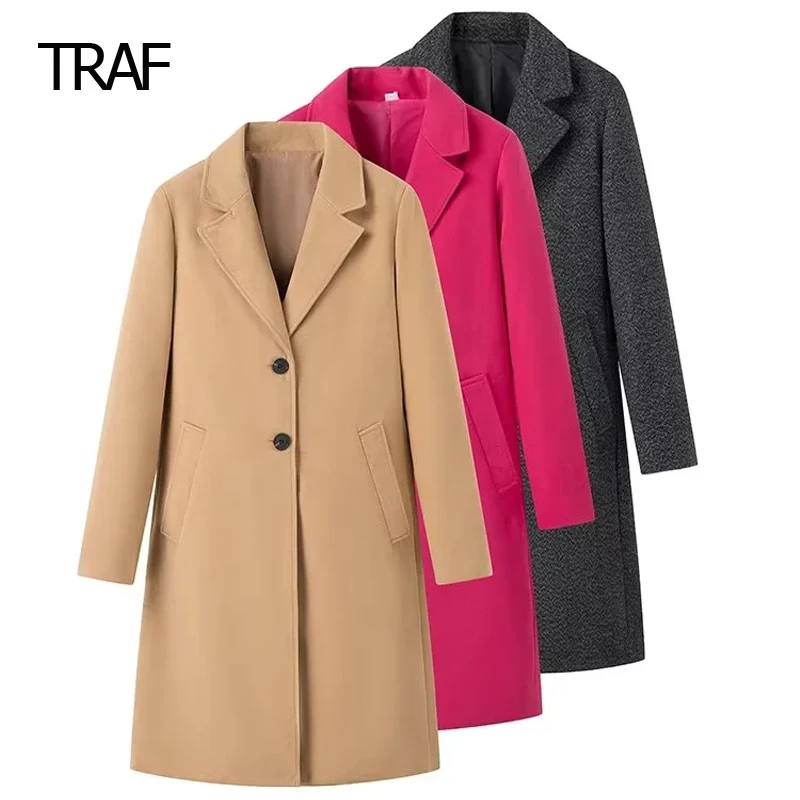 

TRAF Tweed Long Coat Woman's Coat Autumn Winter Wool And Blends Coats Lapel Collar Long Sleeve Top Elegant Woman Coats Luxury