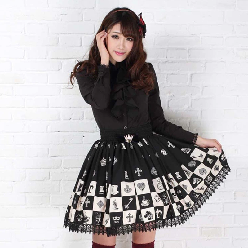 

Lolita SKirt Sweet Princess Black Alice Chess Plaid Lolita Lace Skirt Sk