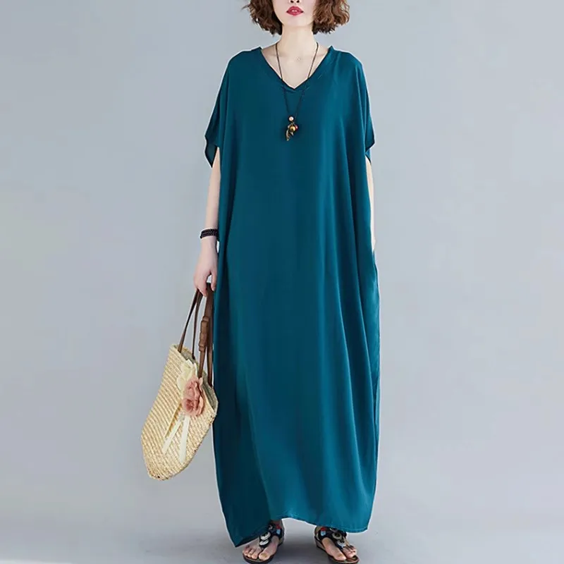 

Summer Nightgown For Women Sleepwear Cotton Silk Nightdress Loose Dress V-Neck Long Robe Plus Size Solid Robes