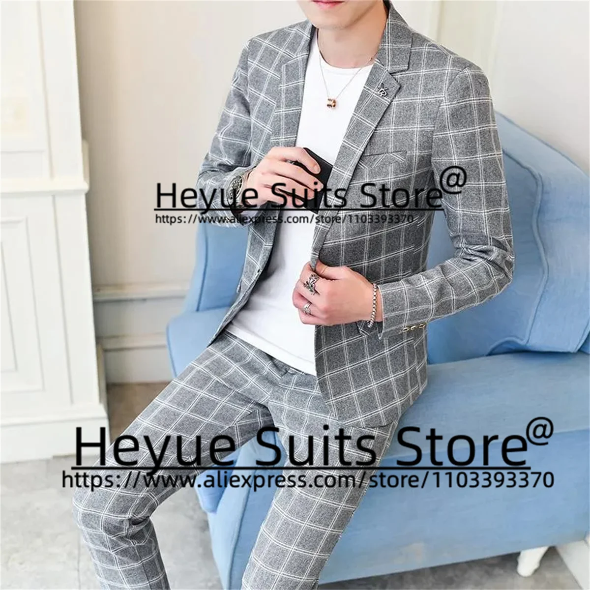 

Formal Prom Plaid Men Suits Gray Slim Fit Notched Lapel Groom Tuxedos 2 Pcs Sets Business Male Blazer terno masculinos completo