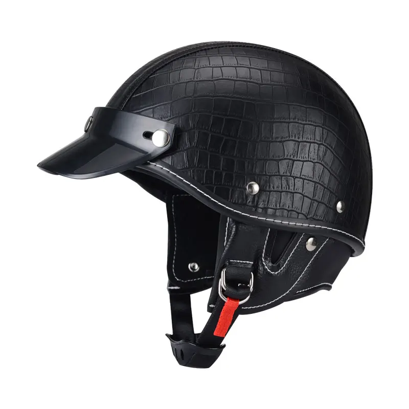 

2024 Half Face Helmet Motorcycle For Man Black Grid PU Leather Pilot's Helmets With Harley Glass Size XS S DOT