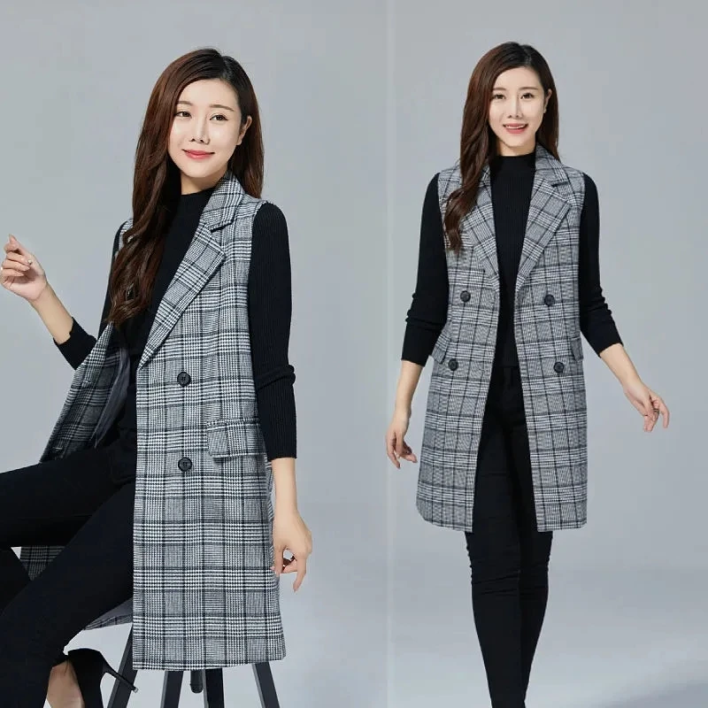 Spring Autumn Women Vest Coat New Fashion Plaid Double Breasted Sleeveless Jacket Female Long Waistcoat Outerwear Chaleco Mujer
Spring Autumn Women Vest Coat New Fashion Plaid Double Breasted Sleeveless Jacket Female Long Waistcoat Outerwear Chaleco Mujer