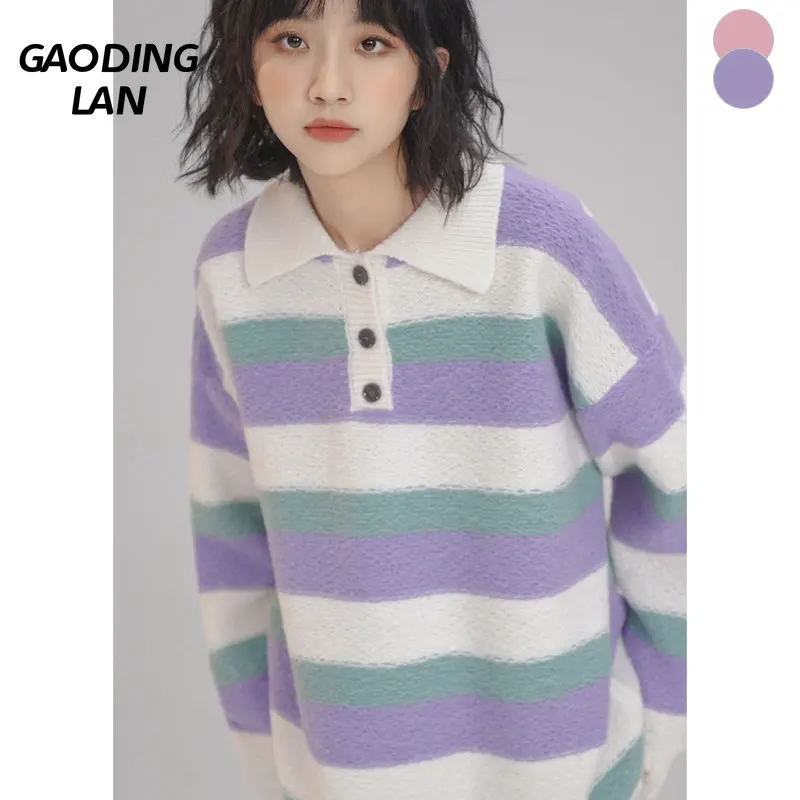 GAODINGLAN Autumn Winter Harajuku Stripe Long Sleeve Women Sweaters Large Size Polo Collar Knit Tops Versatile Loose Pullovers
GAODINGLAN Autumn Winter Harajuku Stripe Long Sleeve Women Sweaters Large Size Polo Collar Knit Tops Versatile Loose Pullovers