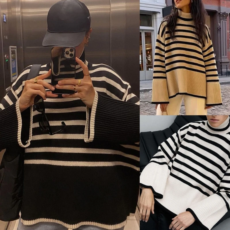Women Long Sleeve Turtleneck Sweater Harajuku Striped Print Side Split Knitwear Jumper Flared Hem Loose Pullover Tops
Women Long Sleeve Turtleneck Sweater Harajuku Striped Print Side Split Knitwear Jumper Flared Hem Loose Pullover Tops