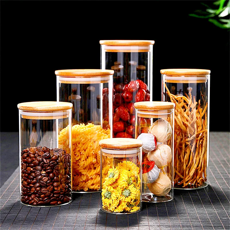 

Transparent Glass Jar with Bamboo Lid Sealed Canister Food Storage Bottles Container Storage for Tea Coffee Bean Kitchen Tools