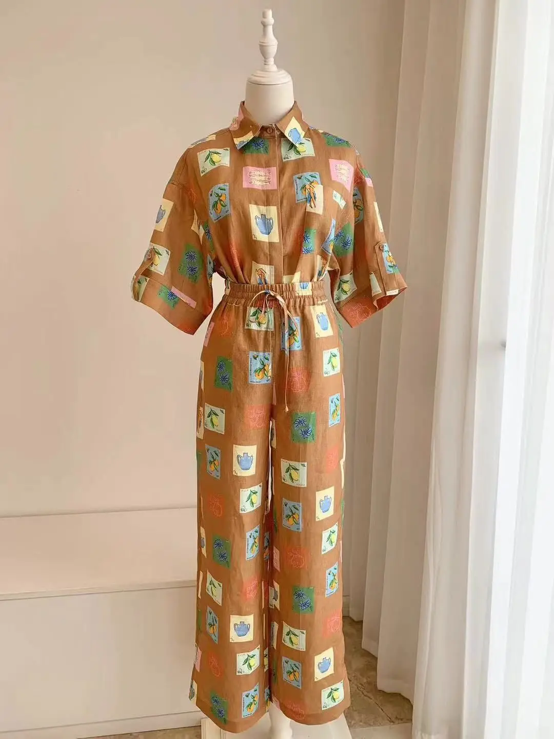Women Blouse Print Single Breasted Short Sleeve Linen Shirt Or Elastic Waist Wide Leg Long Pants
Women Blouse Print Single Breasted Short Sleeve Linen Shirt Or Elastic Waist Wide Leg Long Pants