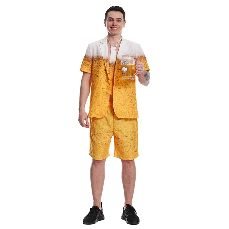 

Mens Oktoberfest Beer Costume German Bavarian Short Shirt Pants Suits Halloween Role Play Yellow Beer Party Fantasia Costumes