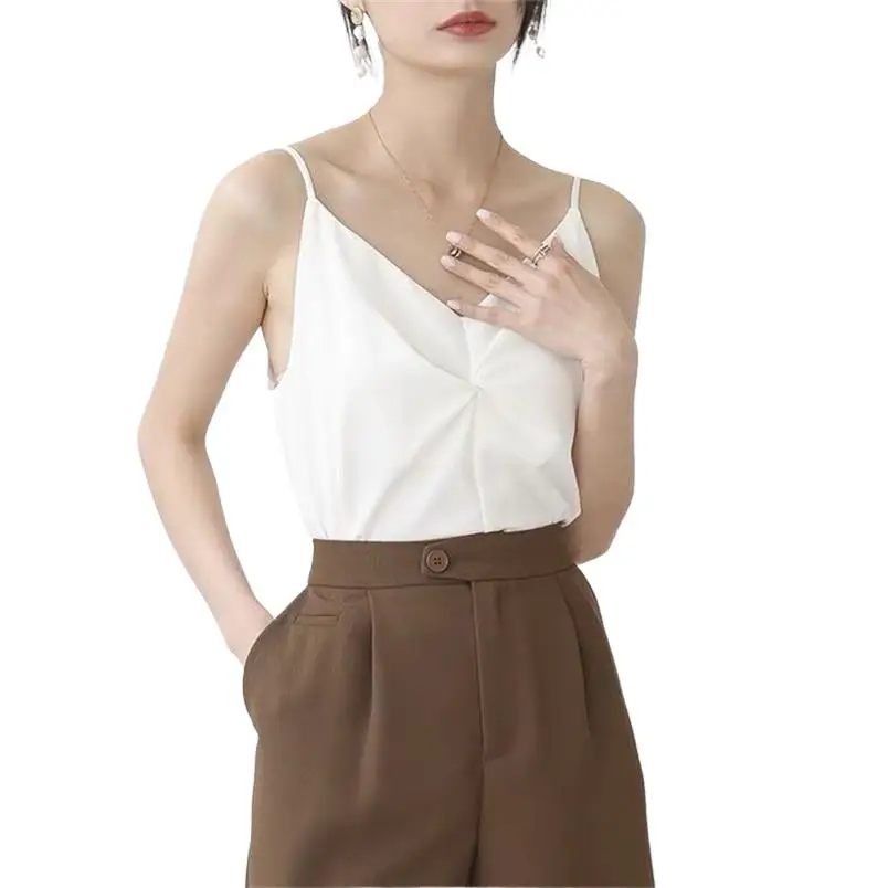 

Korean Style Office Lady Satin Elegant Camisole Women Ins Fashion Chic Folds Camis Top Female 2024 Summer Sleeveless Tops