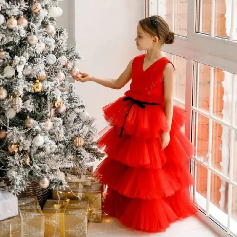 Cute Red Fully Ruffles Flower Girls Tulle Dress A-Line V Neck Floor Length Children Bithday Party Ball Gowns
Cute Red Fully Ruffles Flower Girls Tulle Dress A-Line V Neck Floor Length Children Bithday Party Ball Gowns