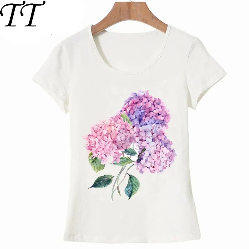 

Watercolor branch of blooming hydrangeas T-Shirt Summer Pink Flowers Art Women T-Shirt Maiden Casual Tees Fashion Woman Tops