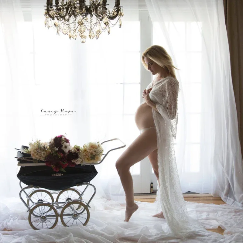 

Sexy White Maternity Dresses For Baby Shower Lace Fancy Pregnant Photoshoot Dress For Pregnancy Women Maxi Gown Photography Prop