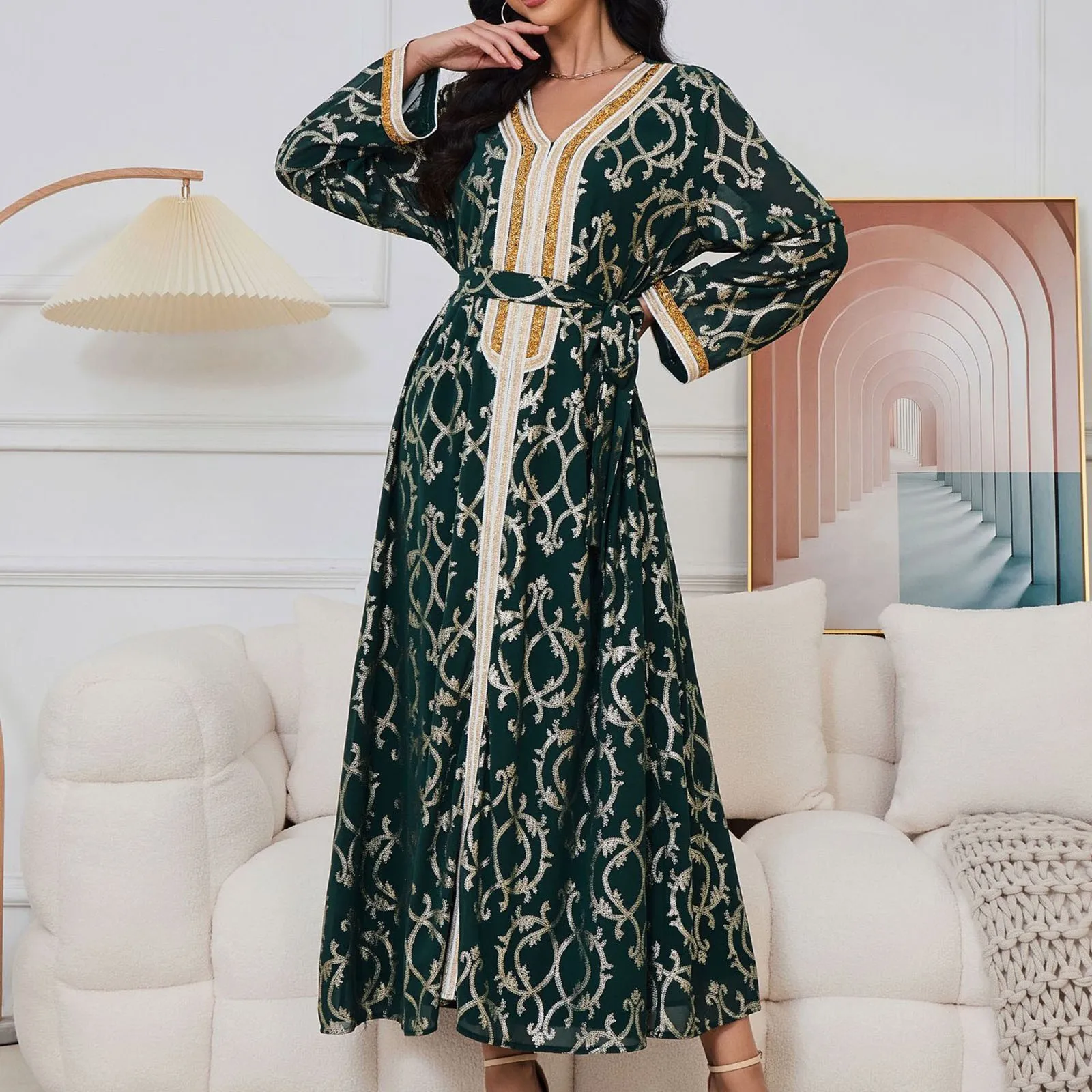 

ИД мусульманское платье для женщин Рамадан Арабская абайя джалабия мусульманская одежда с V-образным вырезом платье с длинными рукавами марокканский кафтан свободный халат