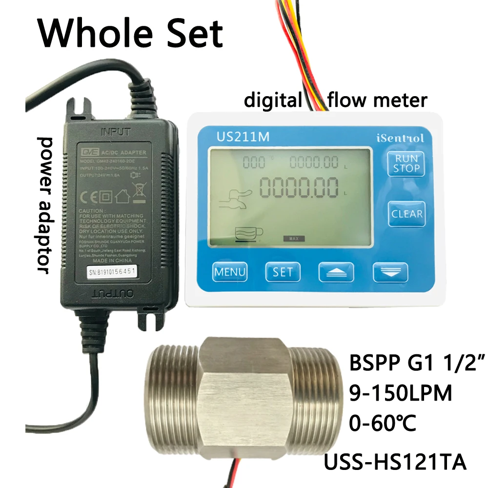 

DN40 & US211M Digital Flow Meter & Stainless Steel 304 USS-HS121TA Inox Flow Sensor Measurement 9-150L/min BSPP G1 1/2" Dijiang