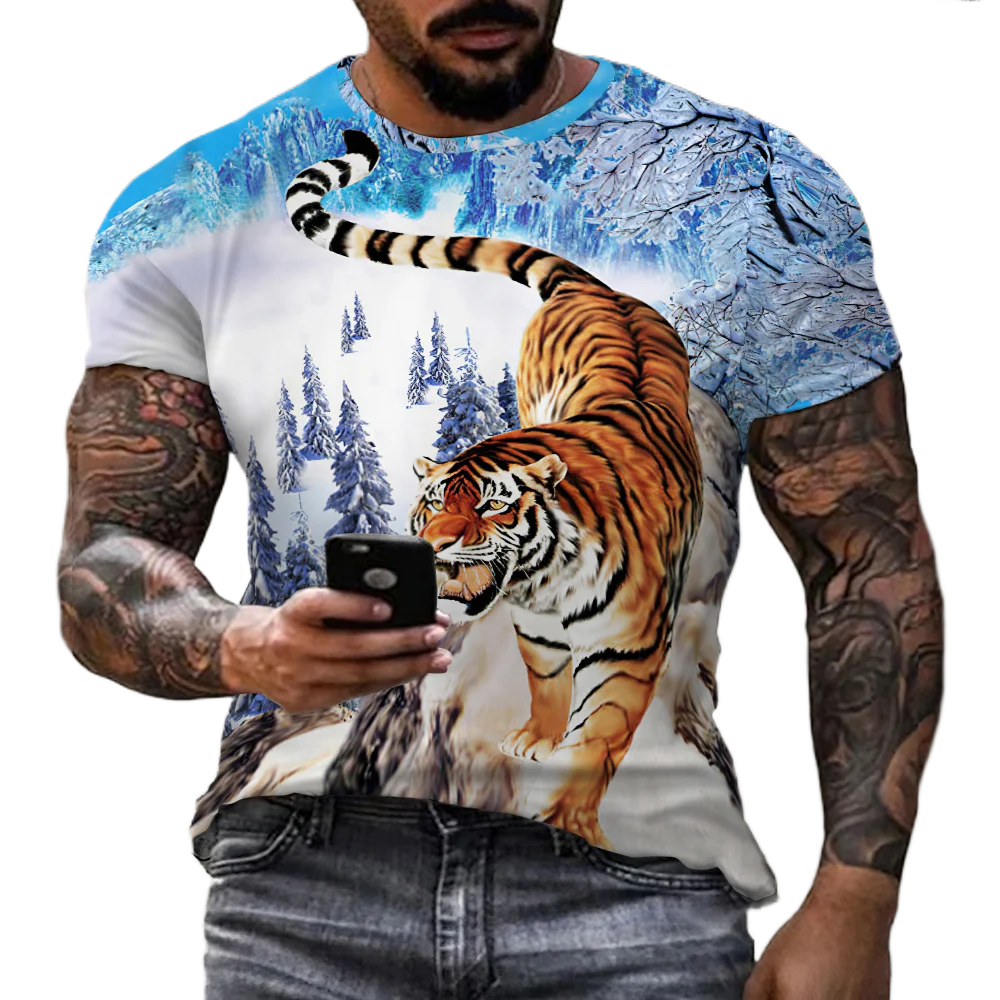 

New Leisure 2022 Snow Mountain Tiger 3D Digital Printing Uphill Tiger Short Sleeve T-Shirt Animal Harajuku Short Sleeve
