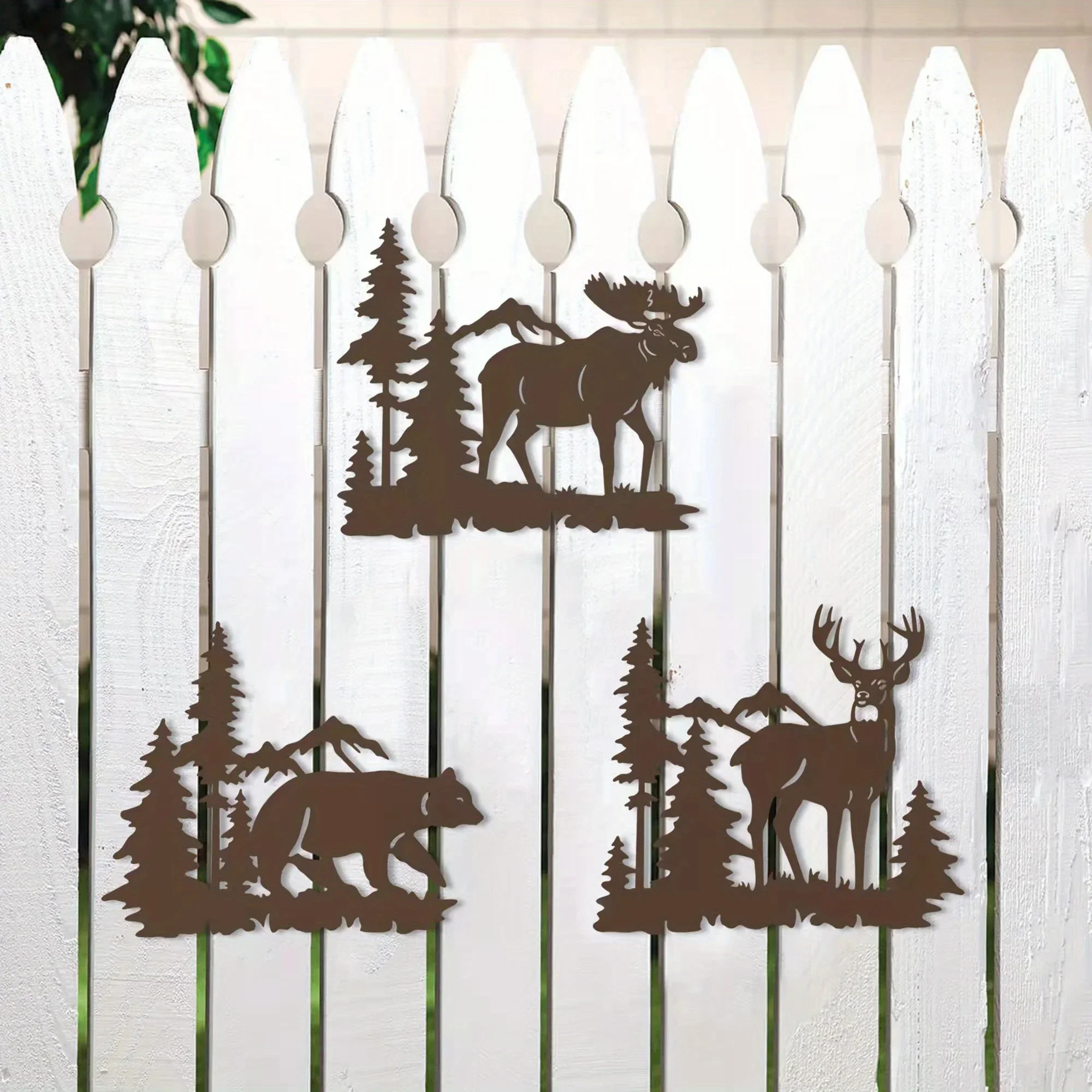 

metal iron Metal Home Art Decor Deer Bear Moose in The Forest Pine Tree, Set of 3 Rustic Concise Decoration Wall Hanging Lodge C
